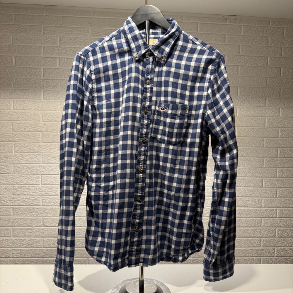 Hollister Mens Plaid Button Down Shirt Long Sleeve Navy Blue White Casual
